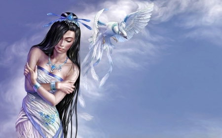 Girl and bird - white, fantasy, luminos, girl, princess, asian, woman, blue