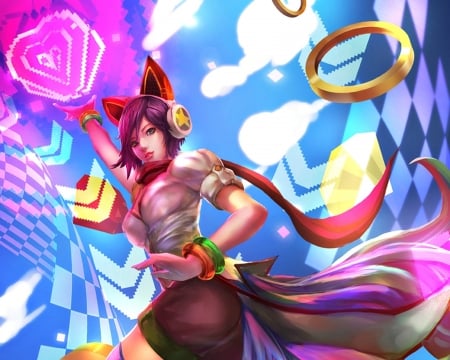 Ahri - beauty, woman, girl, heart, cglas, frumusete, lol, game, pink, blue, league of legends, arcade, ahri