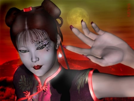 Red Blossom - moonlight, oriental, nails, red