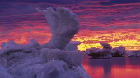 Ice Flowers on Hudson Bay, Churchill, Manitoba - reflections, sky, sunset, colors, sea