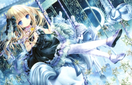 Merry go Around - nice, beauty, female, tinkerbell, blond, anime girl, merry go round, pretty, anime, ribbon, cute, girl, adorable, loli, gown, lovely, tinkle, carousel, kawaii, horse, beautiful, sweet, dress, blonde, lolita