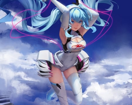 21 - sky, fly, miku, magic, anime, hair, blue, blue hair