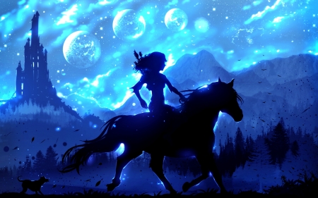 World of miracle - silhouette, girl, ryky, fantasy, world of miracle, horse, luminos, blue, animal