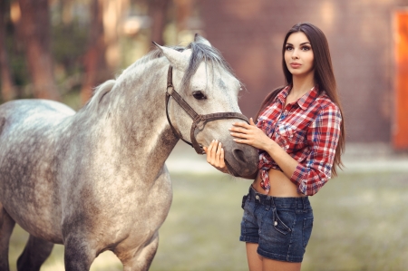 Beauty - girl, beauty, horse, cowgirl, white, animal, red, woman, model