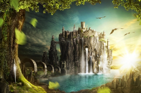 Fantasy Castle - waterfalls, trees, fantasy, birds, beautiful, castle, leaves