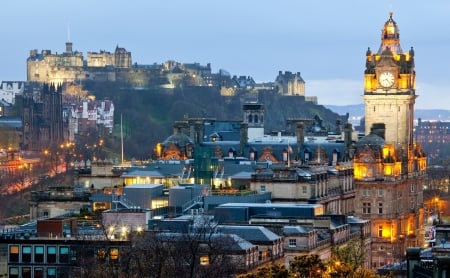 Edinburgh, Scotland - houses, evening, city, tower, lights