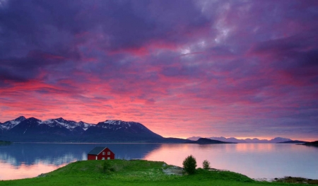 Sunset at Harstad, Norway - clouds, house, sea, colors, sky