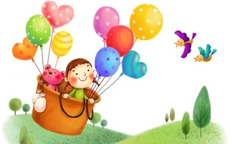 balloons - balloons, bear, girl, birds