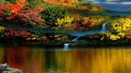 Autumn waterfall - nature, waterfall, pond, autumn, tree