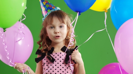 Happy Birthday! - hat, girl, child, copil, balloon, yellow, pink, blue, green, party, card, birthday, cute