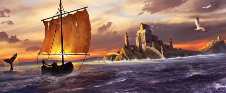 Sunset - the witcher, bird, water, seagull, game, ship, tale, astle, art, fantasy, whale, orange, castle, sunset, sea, luminos