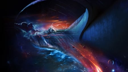 Fantasy waterfall - ship, red, luminos, blue, waterfall, fantasy