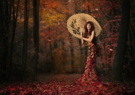 Autumn beauty - red, model, girl, umbrella, leaf, japanese, asian, woman, autumn