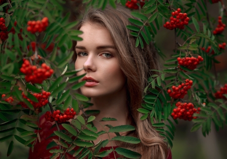 Beauty - woman, autumn, girl, berry, model, fruit, face, red, green