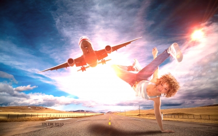 On the road - woman, sky, girl, funny, creative, airplane, road, situation, blue