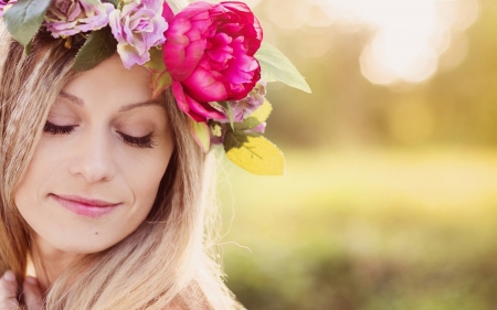 Beauty - woman, face, girl, pink, wreath, rose, model, blonde