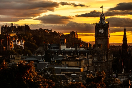 Edinburgh, Scotland - sky, houses, evening, clouds, sunset, tower