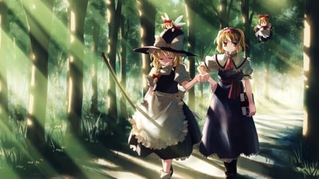 A walk in the forest - Girls, Beautiful, Walk, Forest, Anime