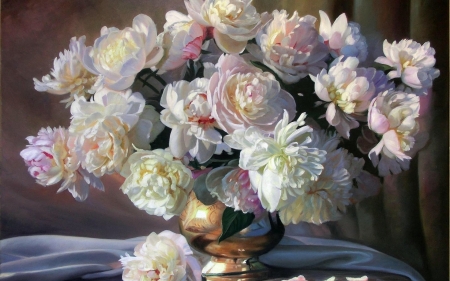 PEONIES - flowers, vase, leaves, petals