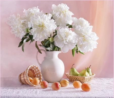 PEONIES - flowers, vase, basket, fruit