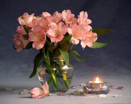 FLOWERS AND CANDLE - candle, vase, leaves, petals