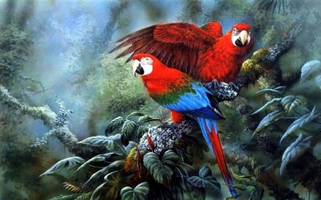 PARROTS - leaves, painting, wings, feathers