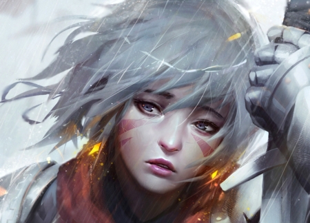 Two - two, girl, guweiz, fantasy, face, art, hand, luminos, anime, sword, manga