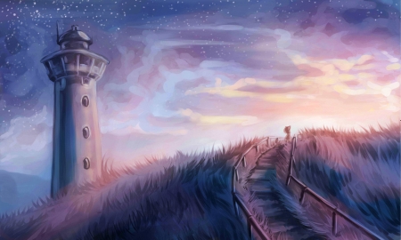 Purple lighthouse - fantasy, lighthouse, purple, girl, field, art, luminos, sky