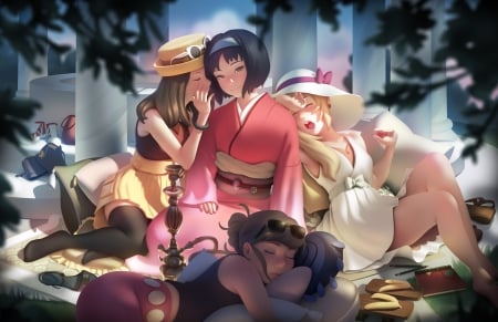 Whispering - girl, japanese, erika, jonathan hamilton, pokemon, sleep, pink, blue, anime, kimono, serena, manga