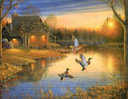 Autumn Retreat - attractions in dreams, autumn, cabins, nature, lakes, ducks, love four seasons, sunsets, paintings, colors, fall season