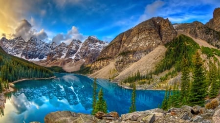 Landscape with mountain and lake - hills, beautiful, landscape, reflection, mountain, view, cliffs, lake, sky