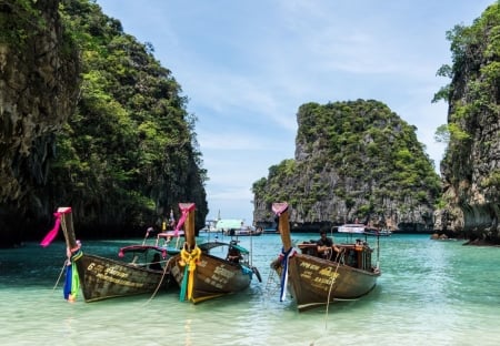 Boats on Beach in Thailand - sky, plants, rocks, water, clouds, sea