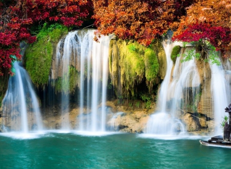 Autumn Waterfall - season, fall, trees, forest, river, cascade, leaves, colors