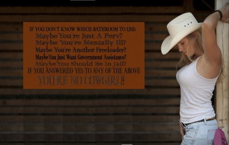 Can You Read?.. - style, sign, girls, western, women, models, hats, ranch, outdoors, cowgirl, political, fun, female, barn, blondes, fashion