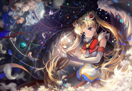 Magic - usagi, flower, usagi tsukino, blonde, blond, magic, fantasy, sailormoon, twin tails, dark, anime, twintail, petals, lovely, female, blond hair, black, beautiful, girl, anime girl, blonde hair, sailor moon, light, feather, tsukino usagi, pretty, wing, magical girl, beauty, sweet, night, twintails, twin tail, sky, long hair, nice, moon