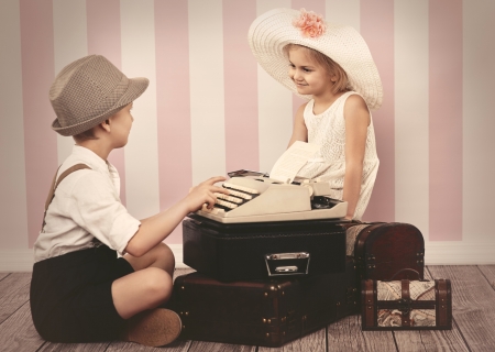 Children - girl, couple, copil, black, suitcase, children, vintage, boy, little, retro