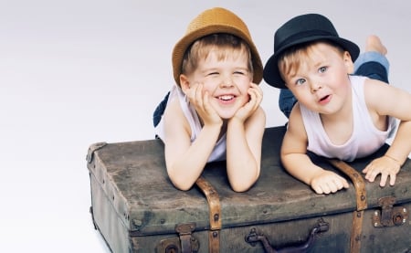 Children - hat, boy, vacation, cute, little, couple, suitcase