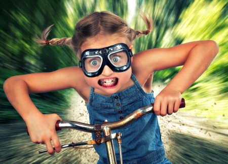 Full throttle - bike, glasses, girl, copil, funny, child, creative, full throttle, john wilhelm, situation, cute, little