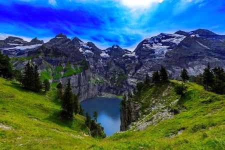 Mountain lake - greenery, hills, summer, beautiful, landscape, grass, mountain, view, cliffs, lake, sky, rocks