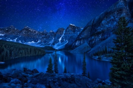 Moraine lake at night - landscape, evening, beautiful, canada, serenity, stars, peaceful, night, lake, sky, dusk, moraine, reflection, alberta, tranquil