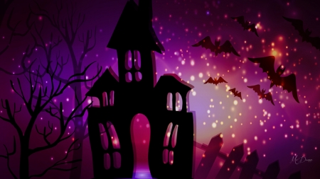 Halloween in Colors - halloween, sky, bats, stars, haunted, night, house, lights