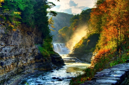 Autumn waterfalls - nature, waterfalls, tree, river