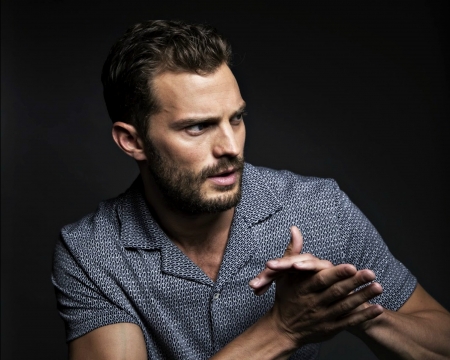 Jamie Dornan - black, actor, hand, blue, Jamie Dornan, man