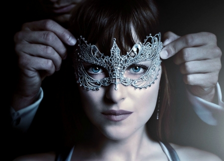 Fifty Shades Darker (2017) - poster, blue, dakota johnson, actress, fifty shades darker, black, hand, mask, woman, movie, face