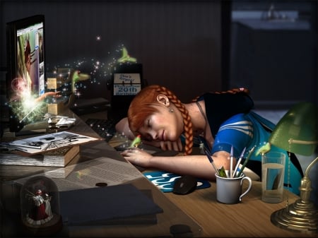 Fairy's visit - girl, night, 3D, laptop, fantasy, sleep, redhead, green, woman, fairy, CG, luminos