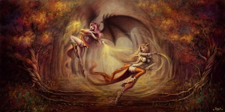 Demons fighting - autumn, couple, wings, fantasy, legend of milliden, art, fight, battle, luminos, orange, fairy