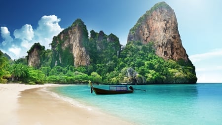 Thailand Beach - boat, cloud, sea, mountains, rocks, sky