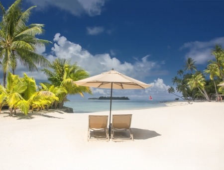 Beach Umbrella, Bora Bora - clouds, palms, seat, chairs, sky