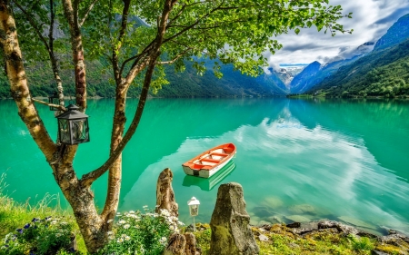 Olden in Norway - lake, mountain, shore, nature, norway, beautiful, green, tree, boat