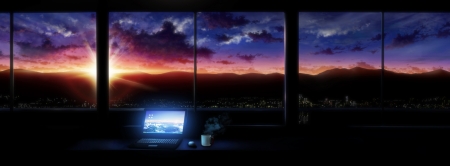 Sunset - anime, blue, laptop, orange, tokuninashi, black, manga, sunset, luminos